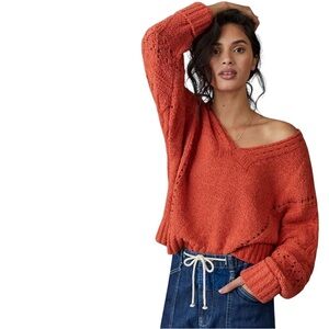 Anthropologie Pilcro Marla V Neck, Coral, Loose Knit, Oversized Sweater, XL